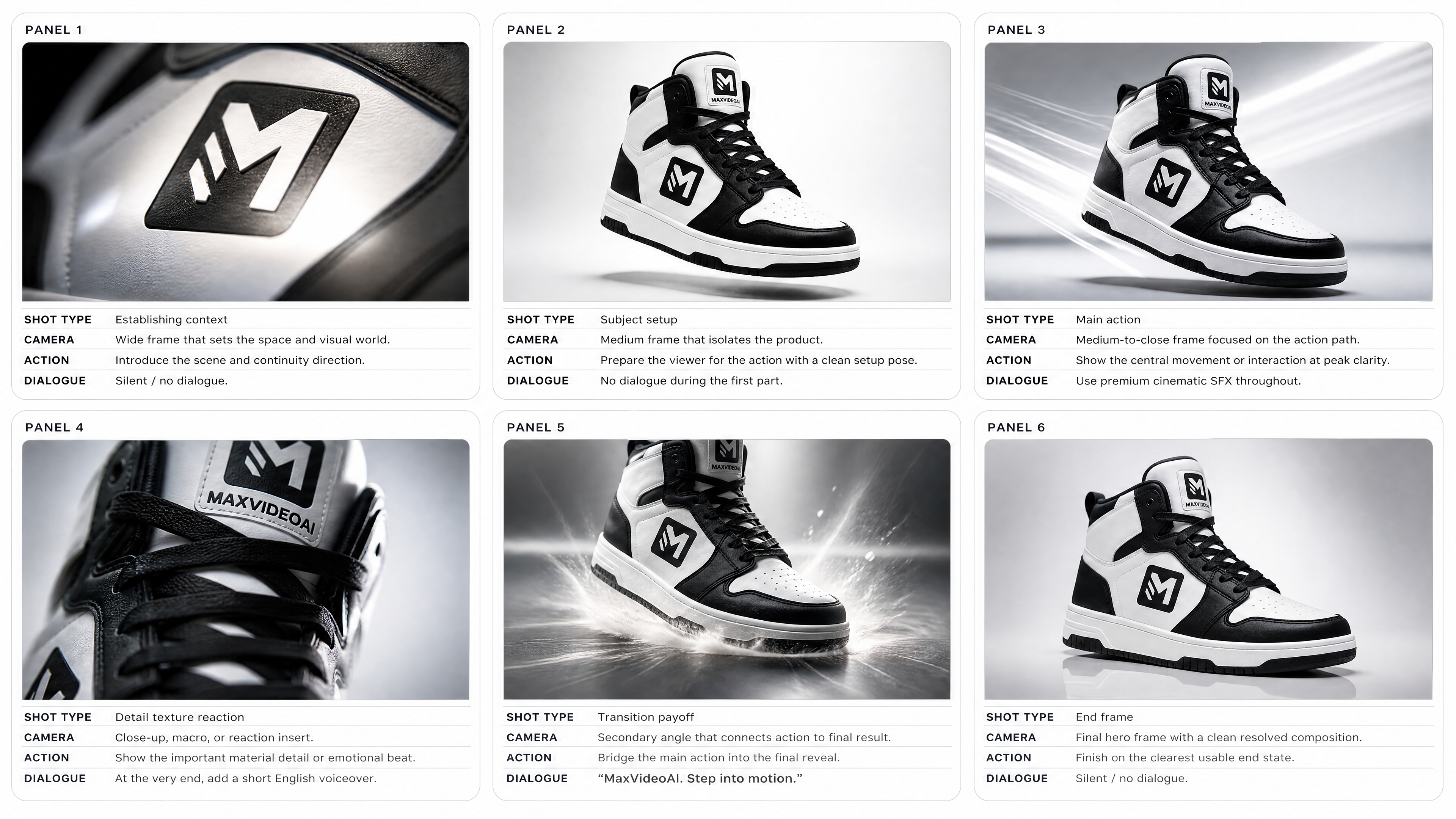 Storyboard frame for Seedance 2.0 Fast sneaker product ad example from storyboard reference. This storyboard-to-video product ad workflow uses visual reference frames and a sneaker product image as the main creative inputs. Instead…