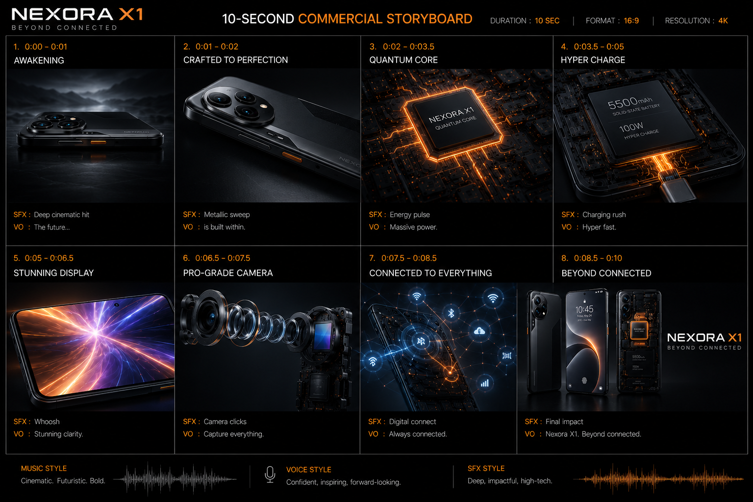 Storyboard frame for Seedance 2.0 Fast storyboard-to-video vertical tech ad example. This storyboard-to-video workflow uses a visual reference storyboard as the main creative input for a vertical premium tech commercial.…