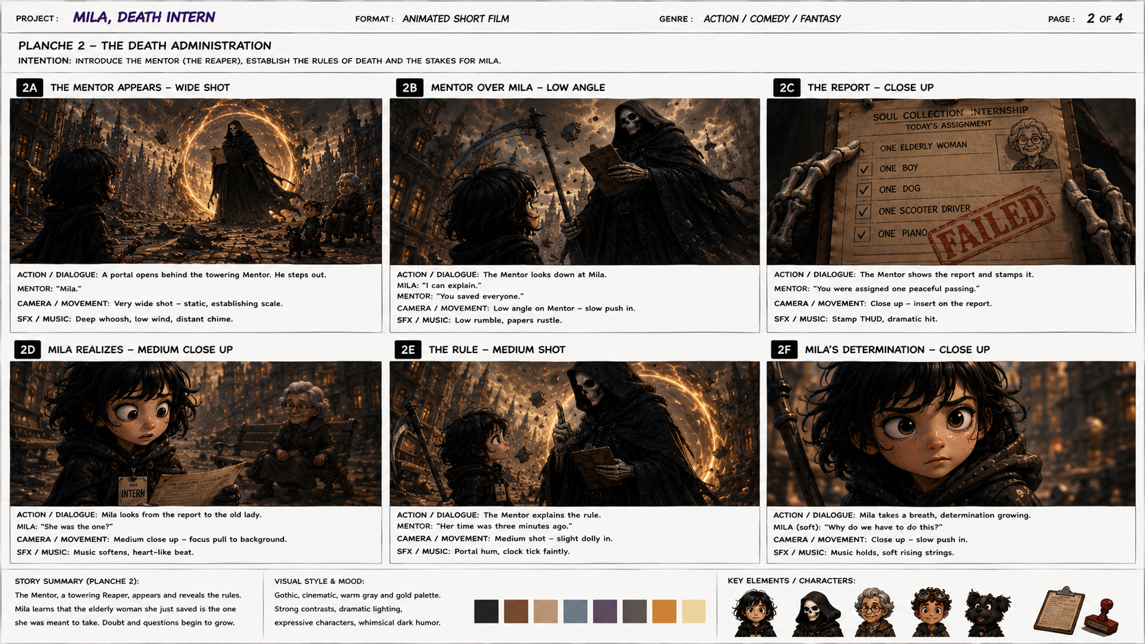 Storyboard frame for Seedance 2.0 storyboard-to-video animated short with dialogue. This storyboard-to-video workflow uses a visual storyboard page as the main creative input for a short animated dark fantasy scene. The…