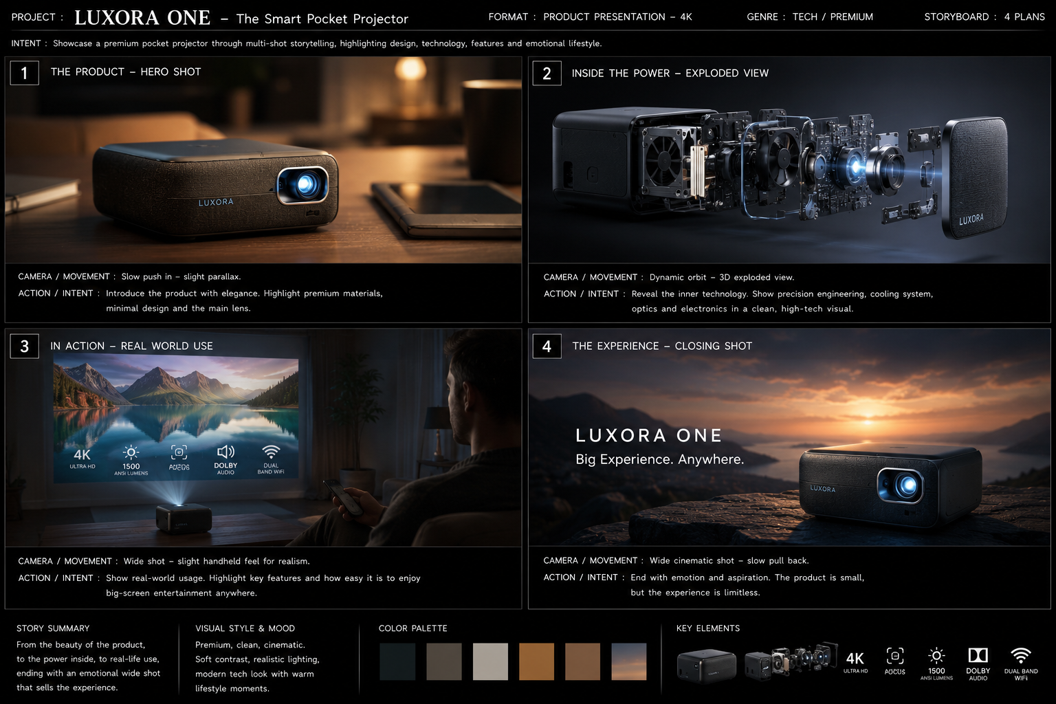 Storyboard frame for Kling 3.0 Omni 4K exploded product ad video example. This storyboard-to-video workflow uses visual reference frames as the main creative input for a premium tech product ad. The storyboard…