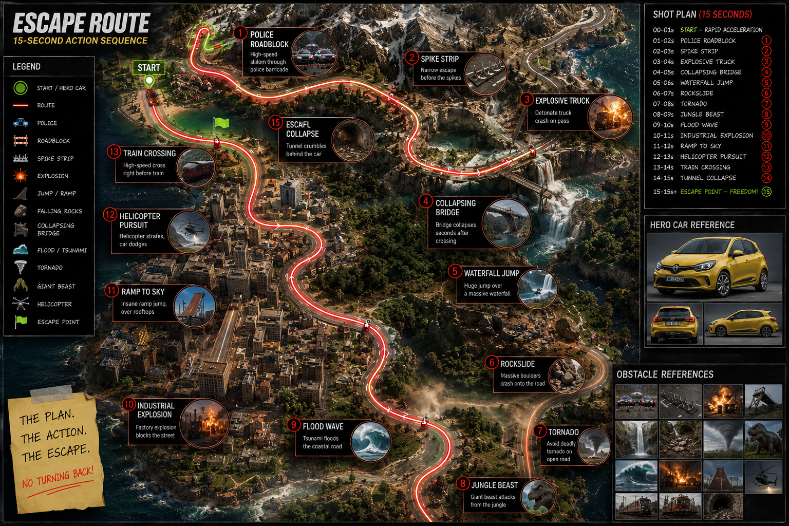 Storyboard frame for Seedance 2.0 action chase camera path example with map reference. This Seedance 2.0 text-to-video with map reference example uses an escape route image to guide a cinematic action chase sequence. The…